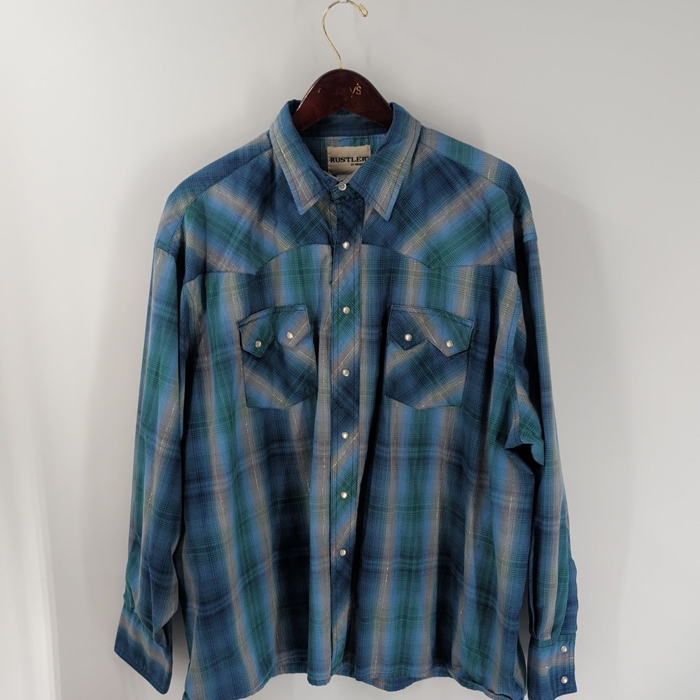 Rustler By Wrangler Pearl Snap Front Pockets Long Sleeve Cowboy Shirt Blue Plaid